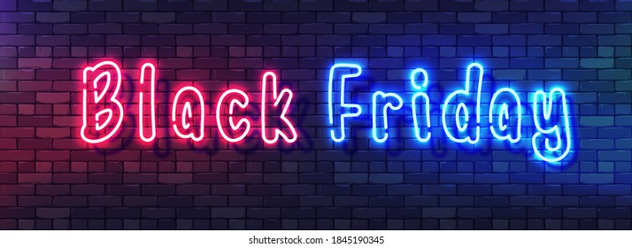 Black Friday Sale Neon Colorful Banner. Handwritten Neon Alphabet on a Dark Brick Wall Background. Colorful bright drawn typeface for night bright advertising. Vector Illustration. EPS 10