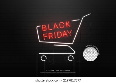Black Friday Sale. neon shopping cart sign on brickwall texture. Vector illustration
