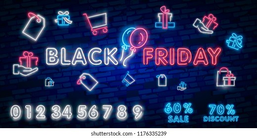 Black Friday sale neon sign, neon banner, background brochure. Glowing neon sign, bright glowing advertising, sales discounts Black Friday. Vector illustration