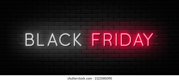 Black Friday sale. Black Friday neon sign on brick wall background. Glowing white and red neon text for advertising and promotion. Banner and background, brochure and flyer design concept. Vector