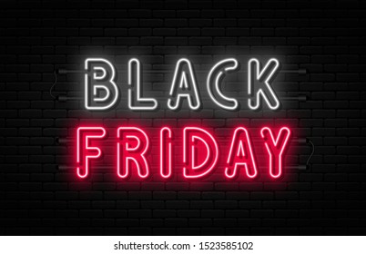 Black Friday sale. Black Friday neon sign on brick wall background. Glowing white and red neon text for advertising and promotion. Banner and background, brochure and flyer design concept. Vector