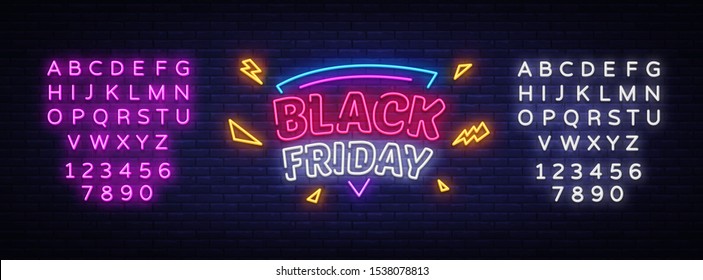 Black Friday Sale neon sign vector. Black Friday Bid discount Design template neon sign, light banner, neon signboard, nightly bright advertising, light inscription. Vector. Editing text neon sign.