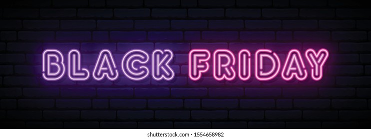 Black Friday Sale neon sign. Long horizontal signboard . Vector bright banner.