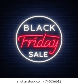 Black Friday sale neon sign, neon banner, background brochure. Glowing neon sign, bright glowing advertising, sales discounts Black Friday. Vector illustration