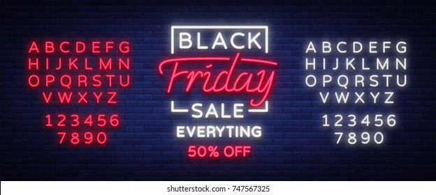 Black Friday sale neon sign, neon banner, background brochure. Glowing neon sign, bright glowing advertising, sales discounts Black Friday. Vector illustration. Editing text neon sign.