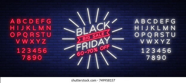 Black Friday, letreiro de néon, cartaz de néon, folheto de fundo. Sinal de néon brilhante, publicidade brilhante brilhante, descontos de vendas Black Friday. Ilustração vetorial. Edição do sinal de néon de texto