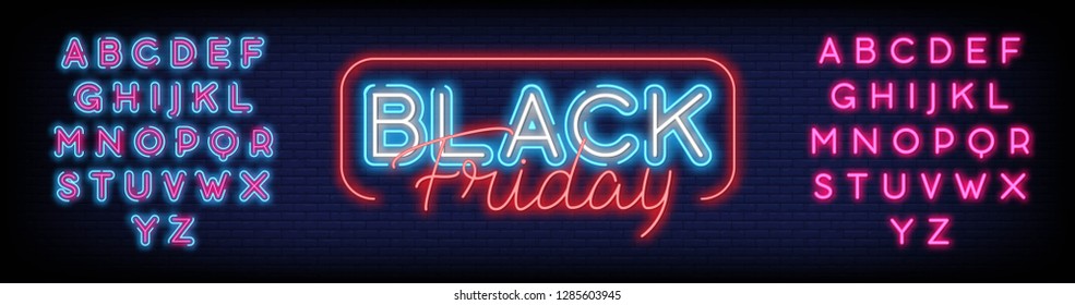 Black Friday Sale neon text vector and a Brick Wall Background. Black Friday Sale neon logo light banner design element colorful modern design trend night bright advertising. Editing Text Neon Sign