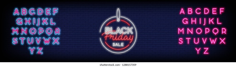 Black Friday Sale neon text vector design template and a Brick Wall Background. Black Friday neon logo light banner design element colorful modern design trend night bright advertising. Editing Text