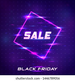 Black Friday sale neon vector banners.  Shopping sign with flares and sparkles. Geometric shapes and neon glow against a dark background. 3d discount bokeh vector illustration.