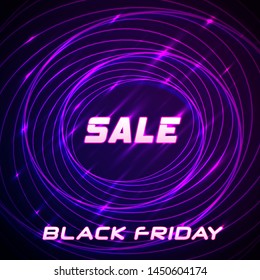 Black Friday sale neon vector banners.  Shopping sign with flares and sparkles. Geometric shapes and neon glow against a dark background. 3d discount bokeh vector illustration.
