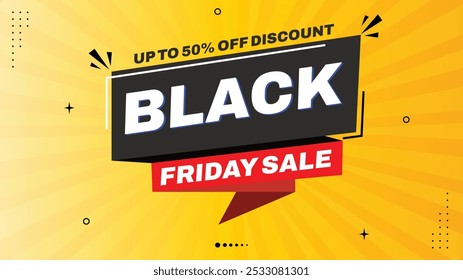 Black Friday Sale Offer - Up to 50% Off! Discount Sale Banner with Elements, Shapes Template in Black, White, Yellow Orange Gradient Background - Grab Best Deals Exclusive Discounts Now