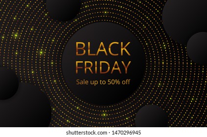 Black Friday sale offer banner poster template with circle golden dot glitter background luxury for marketing, business, event