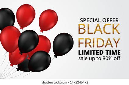 Black Friday sale offer banner template with flying red and black gas helium balloon with gold text