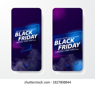 black friday sale offer banner template with neon color trendy with smoke