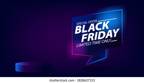 Black friday sale offer banner template with glowing neon lamp for night and trendy