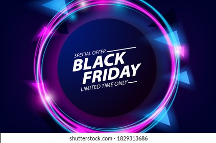 Black Friday Sale Offer Banner With Round Circle With Neon Color And Bright Glowing Effect For Nightlife