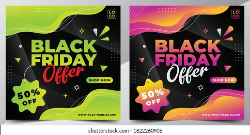 Black Friday Sale Offer Design Banner Template pack for Social Media Post and Web with beautiful Green and Purple Gradient Color on abstract black background