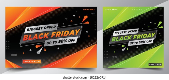 Black Friday Sale Offer Design Banner Template pack for Social Media Post   Web and beautiful orange   green gradient color abstract black background