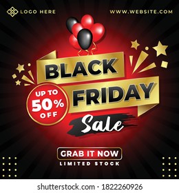 Plantilla de banner de diseño de oferta de venta de viernes negro para publicaciones en medios sociales y web con color rojo, negro y dorado sobre fondo negro abstracto