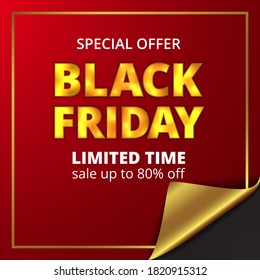 black friday sale offer discount banner template with red and golden paper warp gift present