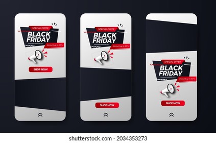 Black friday sale offer discount promotion for social media stories with megaphone illustration sporty man concept