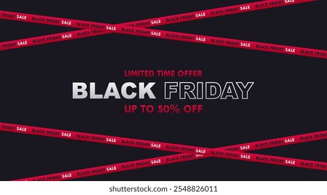 Black Friday sale on black background. Ribbons cross with Black Friday sales. Black Friday social media cover, website, header, ad, poster, promotion banner, sale banner