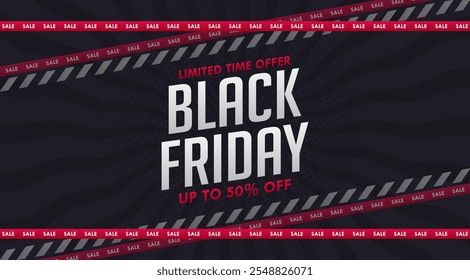 Black Friday sale on black background. Ribbons cross with Black Friday sales. Black Friday social media cover, website, header, ad, poster, promotion banner, sale banner