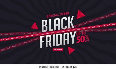 Black Friday sale on black background. Ribbons cross with Black Friday sales. Black Friday social media cover, website, header, ad, poster, promotion banner, sale banner