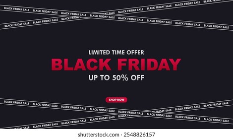 Black Friday sale on black background. Ribbons cross with Black Friday sales. Black Friday social media cover, website, header, ad, poster, promotion banner, sale banner