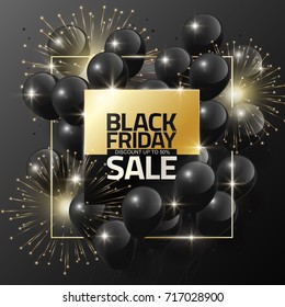 Black Friday sale on black balloons and firework for design template banner, Vector illustration