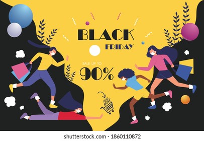 Black Friday Sale on mobile phone  and lovely ethnic girl running with shopping bag and colorful bubble on abstract background design for holidays black friday sale event or web banner sale.