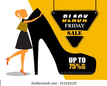 Black friday sale on white and yellow background with shopping woman or girl and isolated black shoe. Special offer. Discount, price tag. Coupon template. Gift voucher. Vector illustration.