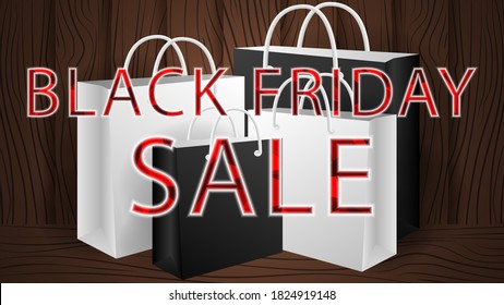 Black friday sale on a wood background with shopping bag.Black friday sale banner.Vector illustration.