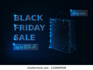 Black friday sale online banner template with glowing low poly shopping bag and text on dark blue background. Futuristic wireframe design vector illustration.