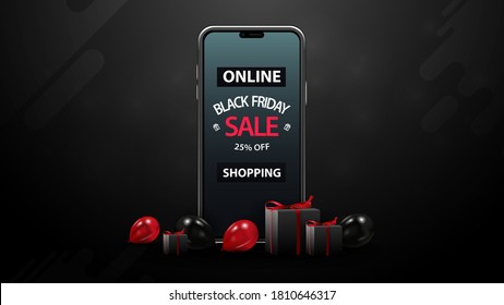 Black Friday Sale, online shopping, up to 25% off, black discount banner with red and black balloons, presents and smartphone with offer on screen