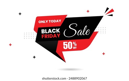 Black Friday sale only today 50% off banner template design with white background and black and red shapes, perfect for promoting limited time offers and discounts