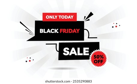 Venta de Black Friday solo hoy 50% de descuento en Plantilla de Anuncio editable con degradado blanco claro y negro oscuro, Formas rojas y fondo blanco: perfecto para promociones, descuentos y ofertas especiales