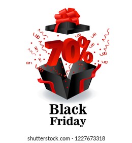 Black Friday, sale, open gift box 70% discount, banner vector, bow