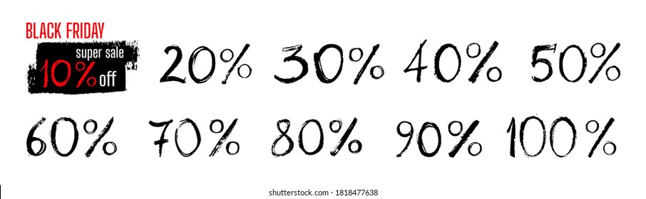 Black Friday sale paint number and percent set. Ink calligraphic painting, brush numbers stroke. Watercolor grunge interest texture. Black dirty font. Isolated vector illustration