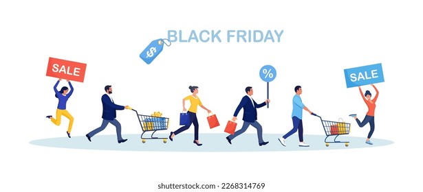 Black friday sale. People with shopping bags and carts running to store. Online shopping and e-commerce. Customers and shoppers with trolley rush to shop. Discount in store