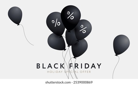 Black Friday Rebajas con porcentaje en globo negro brillante minimalista sobre fondo blanco, cartel minimalista, Ilustración vectorial