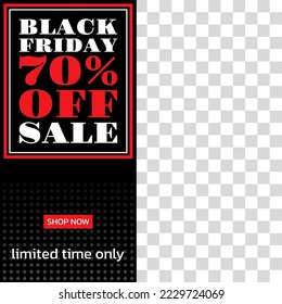 Black Friday sale post template. 70 percent price off. Social media square banner. Discount background, frame design. Vector illustration.