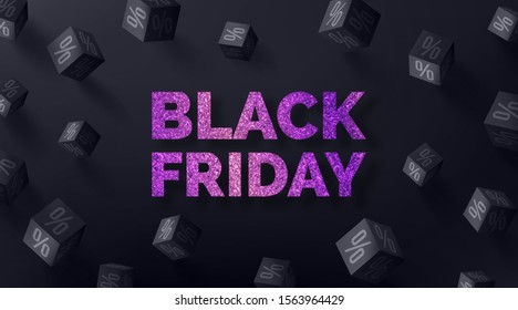 Black Friday Sale Poster with 3d black cubes of percents on dark background for Retail,Shopping or Black Friday Promotion in black style.Vector illustration EPS10