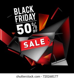 Black friday sale poster. 3d geometric poster design template for promotion. Glossy metal material style.
