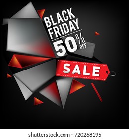 Black friday sale poster. 3d geometric poster design template for promotion. Glossy metal material style.
