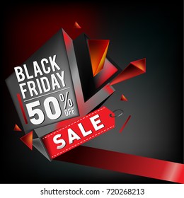 Black friday sale poster. 3d geometric poster design template for promotion. Glossy metal material style.
