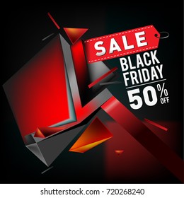 Black friday sale poster. 3d geometric poster design template for promotion. Glossy metal material style.
