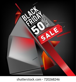 Black friday sale poster. 3d geometric poster design template for promotion. Glossy metal material style.
