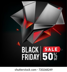 Black friday sale poster. 3d geometric poster design template for promotion. Glossy metal material style.
