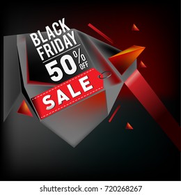 Black friday sale poster. 3d geometric poster design template for promotion. Glossy metal material style.
